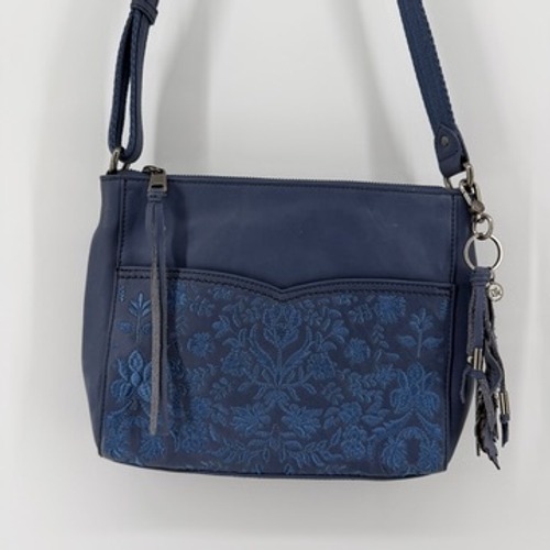 The Sak Blue Leather Crossbody Bag Floral Embroidered Tassel Charm